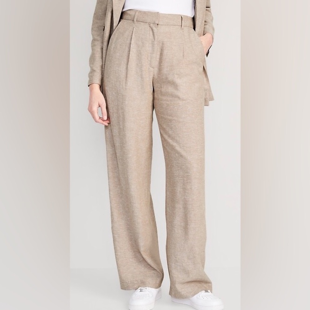 Old Navy Trouser Pants Linen Blend Extra High Rise Wide Leg Beige Tan Size M
